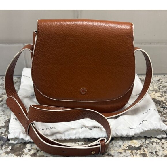 Isaac Mizrahi Crossbody Saddle Bag Leather & Faux Leather Brown &‎ White - Picture 5 of 12